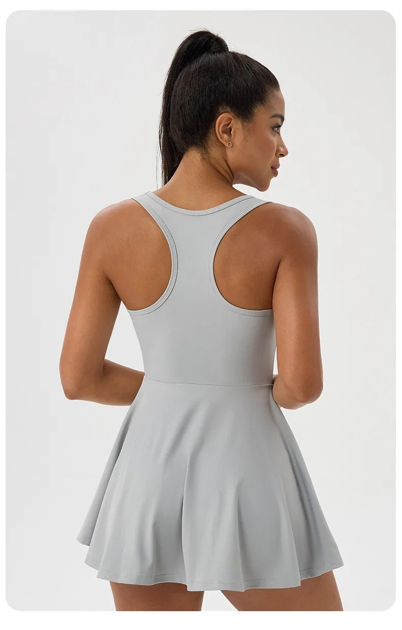 Women Summer Tennis Dress Breathable Quick-Dry Workout Dress Outdoor Sports Skirt Gym Yoga Short Dress Casual Athletic Skirt