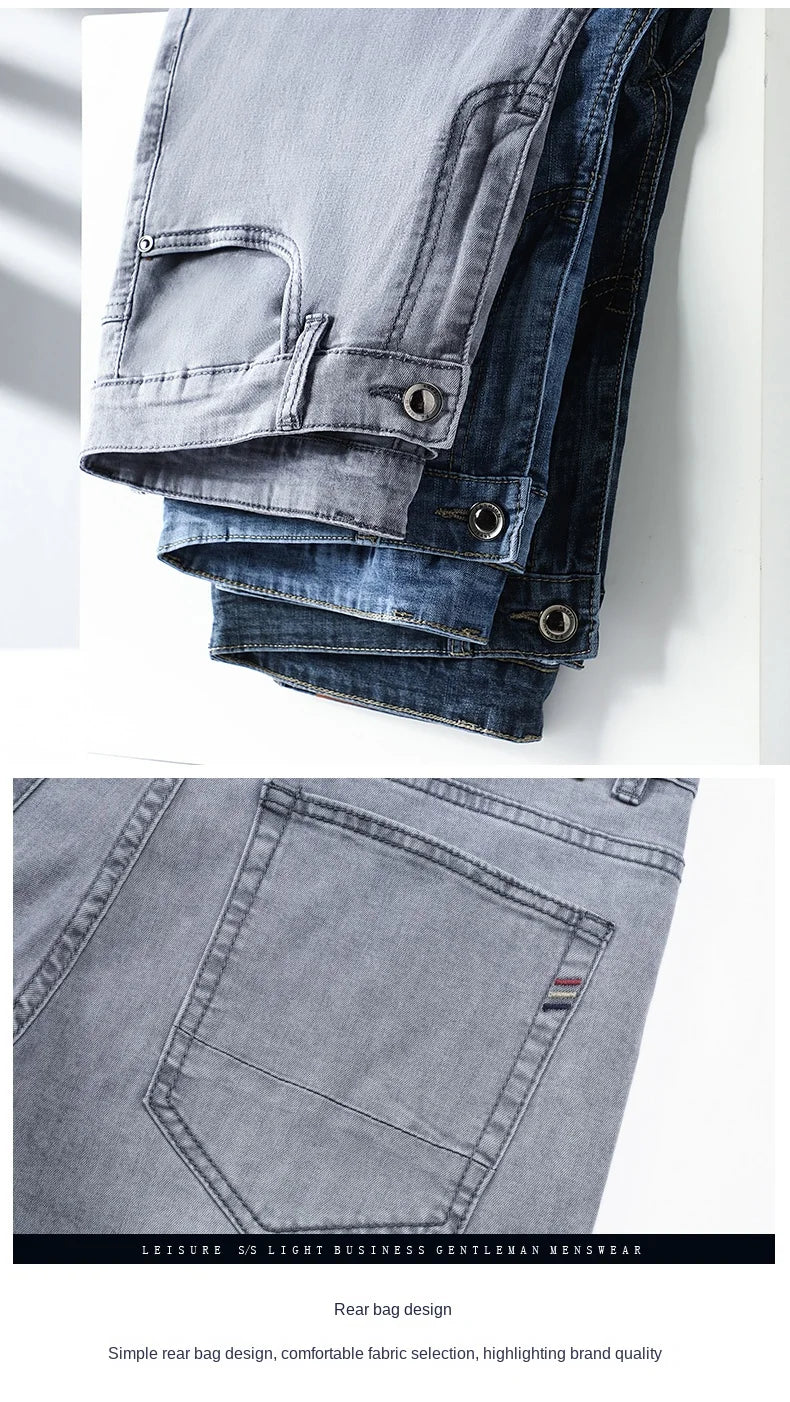 2026 Brand Thin or Thick Material Straight Cotton Stretch Denim Men's  Business Casual High Waist Light Grey Blue Jeans
