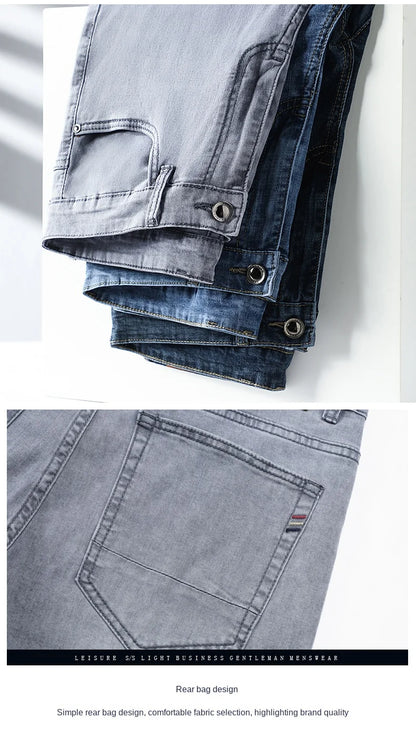 2026 Brand Thin or Thick Material Straight Cotton Stretch Denim Men's  Business Casual High Waist Light Grey Blue Jeans