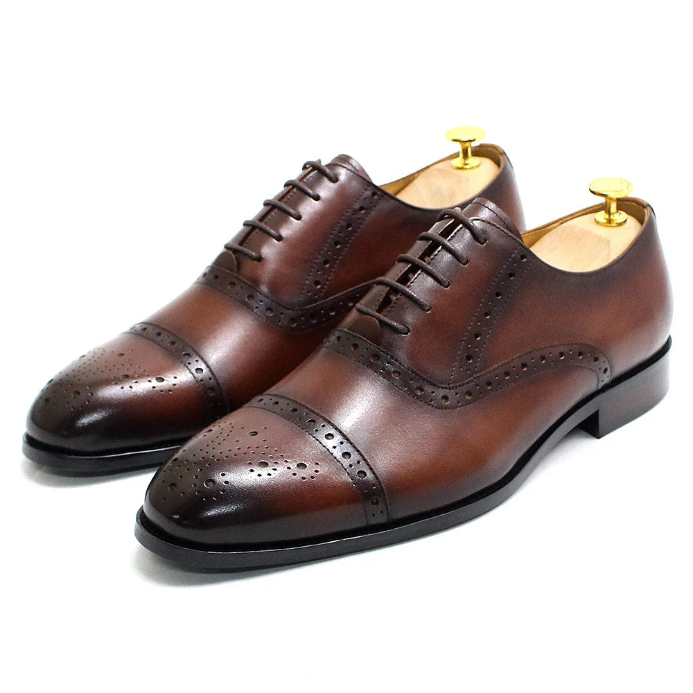 Luxury Genuine Leather Calfskin Cap Toe Oxfords Men's Dress Shoes Italian Style Lace-Up Wedding Business Formal Shoes for Men