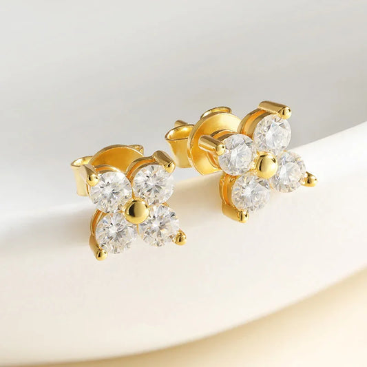0.8CTTW 3mm All Moissanite Stud Earrings for Women Flower 4 Stones Sparkly Classic 925 Sterling Silver Earing GRA Jewelry