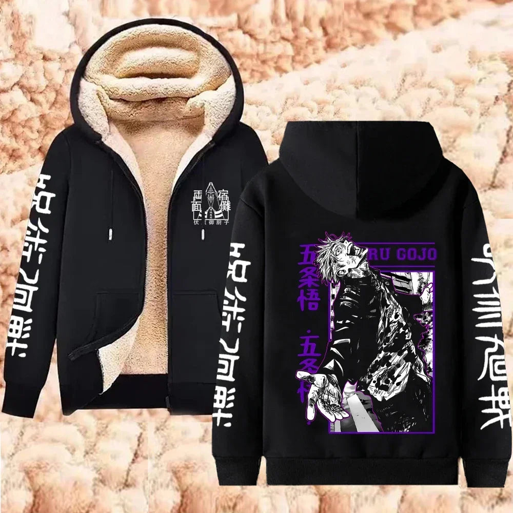 Jaqueta com Zíper Quente Gojo Satoru Anime Moletom Grosso Masculino Feminino Lã de Cordeiro Casual Manga Longa Streetwear