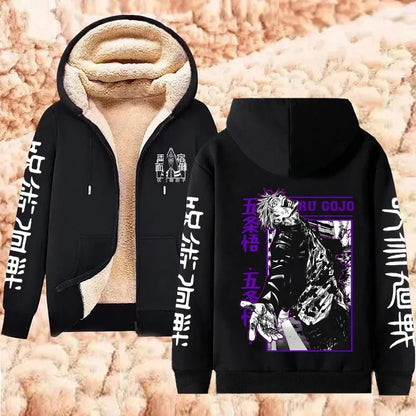 Jaqueta com Zíper Quente Gojo Satoru Anime Moletom Grosso Masculino Feminino Lã de Cordeiro Casual Manga Longa Streetwear