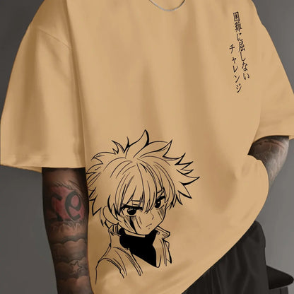 Men's 100% cotton fashionable casual loose fitting Japanese anime character pattern printed round neck short sleeved T-shirt top