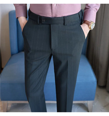 Men's Wool Blend Dress Pants, Elastic Waist Business Trousers, Tapered Slim Fit, Charcoal Gray Black Navy