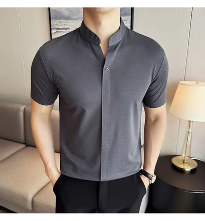Men's High Elastic V-neck Polo Shirt, Thin Short-sleeve T-shirt, Business Casual Men's Top, 2024 High Quality, M-4XL.