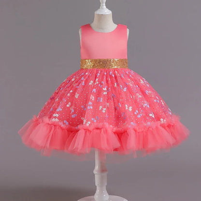 New Baby Kids Girls Elegant Printed Butterfly Flower Princess Party Tutu Dresses Children Sequins Wedding Evening Girl Clothes