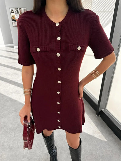 Elegant Knit Mini Dress Women Street Slim High Waist Short Sleeve Rib Sweater Dresses Vacation Bodycon Knitwear Dress