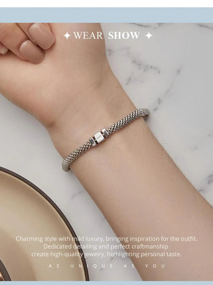 925 Sterling Silver Classic Square Buckle Bracelet Retro Braided Silver Chain Link for Women Platinum Plated Fine Jewelry