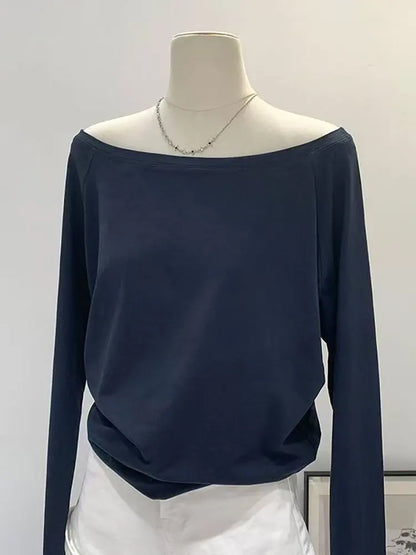 Off the shoulder Long sleeve T shirt Women Spring Autumn Loose Sexy One Shoulder Top Lady Casual Basic Tees School Preppy Blouse