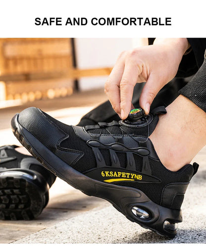 Men Safety Shoes Steel Toe Shoes Indestructible Shoes Lightweight Puncture Proof Work Boots Rotating Button Safety Shoes