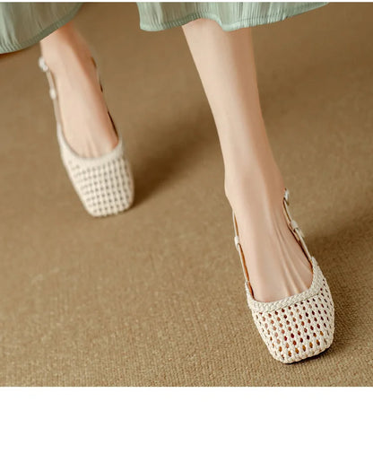 French square-toed woven high-heeled sandals, 2025 summer new skeletonized fashionable leather fabric mid-heel women's shoes