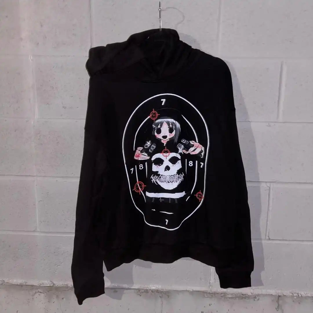 Mens Black Hooded Graphic Hoodie Horror Character Print Thriller Style Streetwear Unique Creative Design Express Individuality