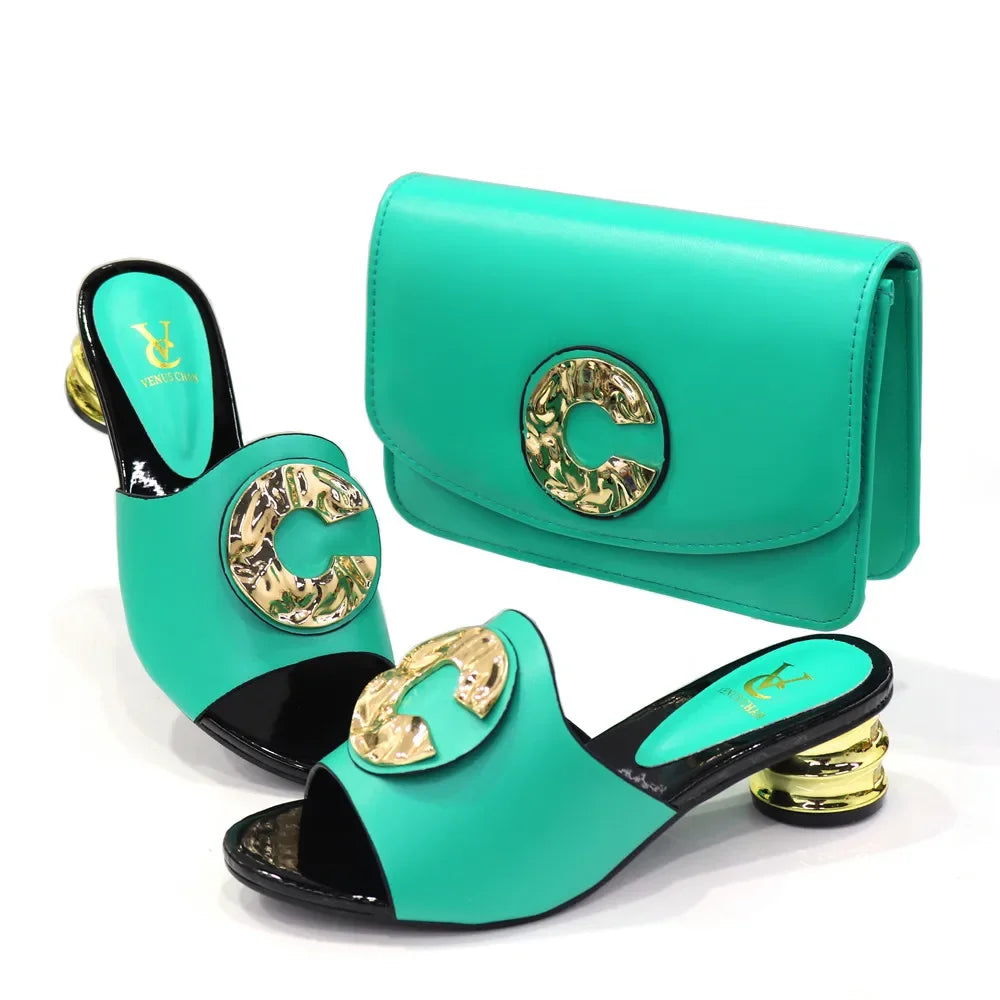 2024 Latest Italian Design Fashion African Women's Low Heel Comfortable Shoes and Bags Set Leather Casual Ladies Slippers