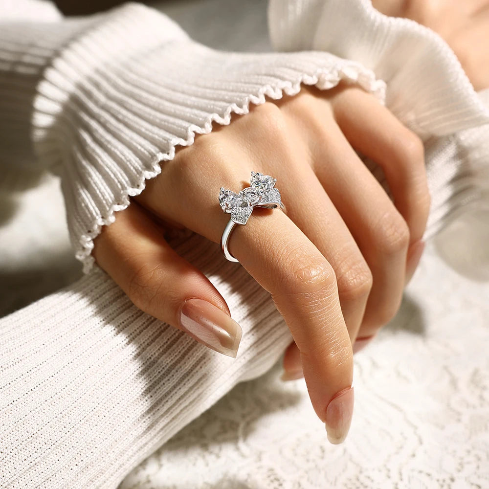 S925 Silver Heart Cut Bow Ring Full Moissanite Rings for Women Elegant Romantic Wedding Engagement Party Jewelry Gifts