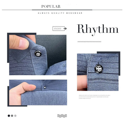 High quality striped printed long sleeve polo shirt men's fashion light luxury pocket autumn new business casual lapel T-shirt