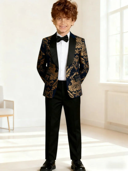 Premium Gold Embroidery Suit Set for Boys 3-14 Yrs Communion Suit Jacket Vest Pants Set Stylish Shawl Collar Children Tuxedo
