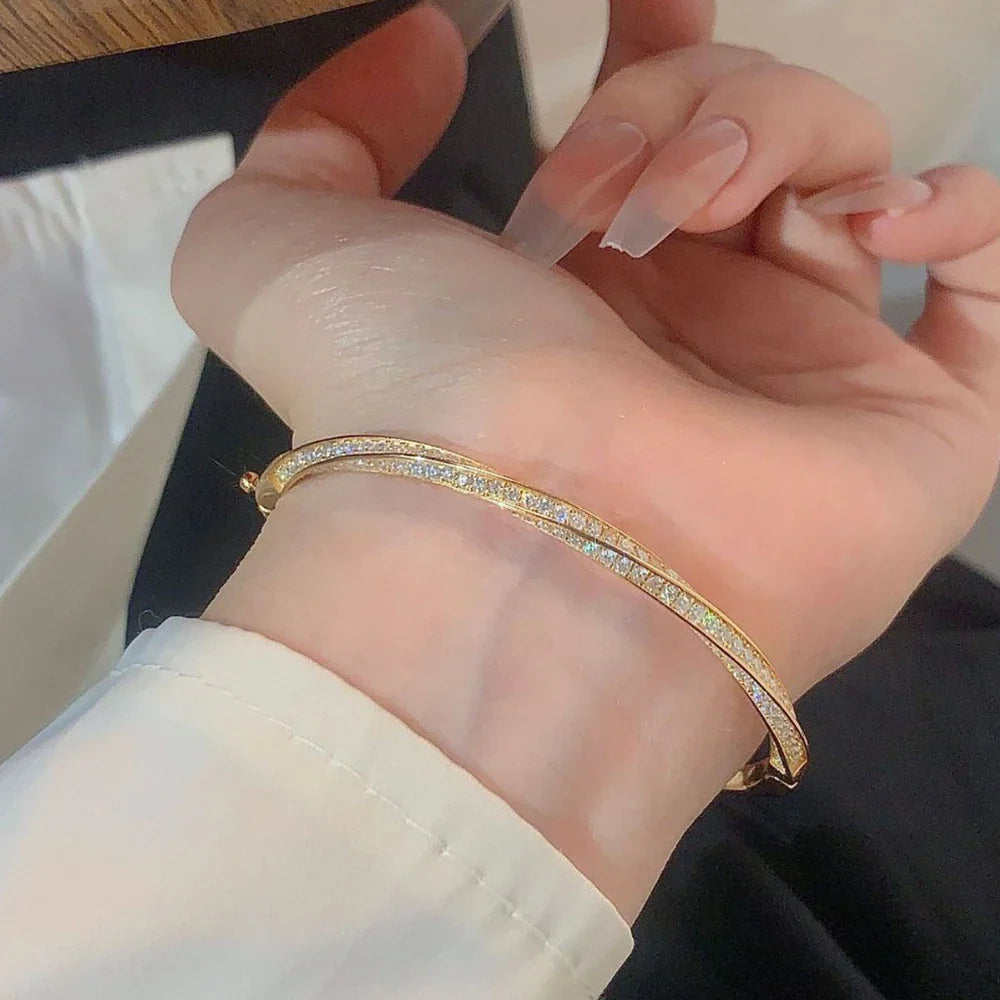 Bangle Micro Pave Moissanite Diamond Bracelet for Women 925 Sterling Silver Plated 18k Gold Eternity Twisted Bangle