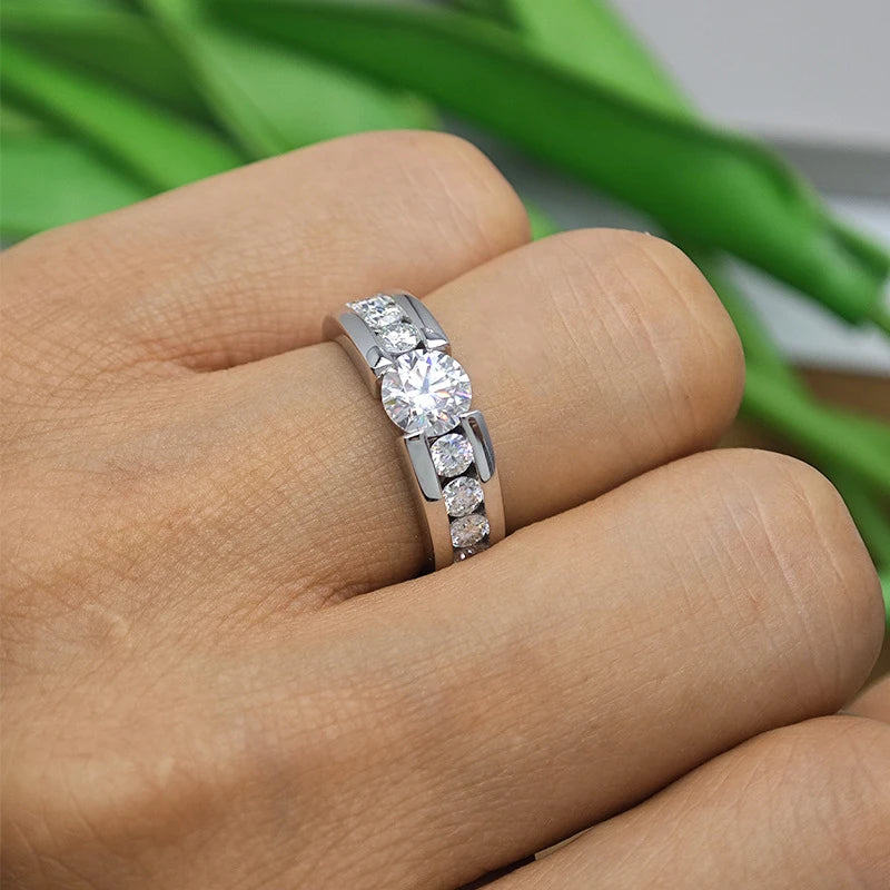 Full Moissanite Wedding Ring for Men 925 Sterling Silver with Gold Plated Eternity Band Man's Lab Diamond Party Rings