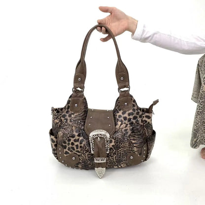 Y2K street personality spicy girl leopard print patchwork tote bag with multiple pockets and rivets retro crossbody handbag