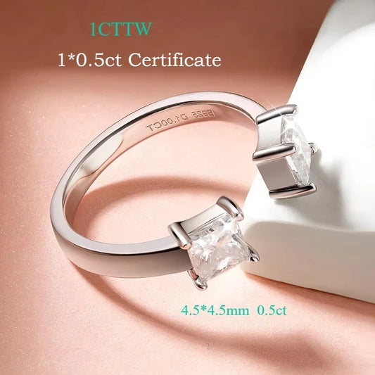 1CTTW 4.5mm Princess Cut Certified Moissanite Rings for Women Adjustable 100% 925 Sterling Silver Wedding Party Band Gift
