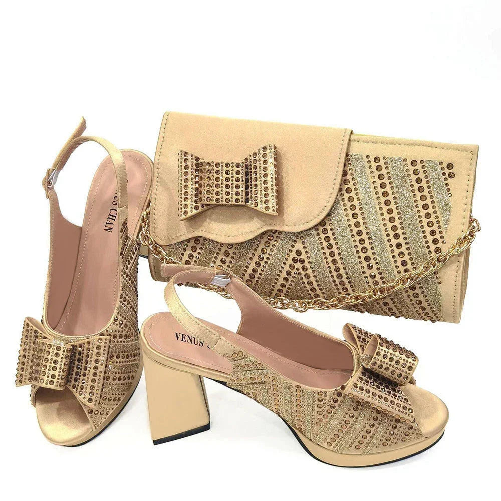 Black Color Elegant High Heels Nigeria Popular Design African Ladies Shoes And Bag Set for Wedding Party