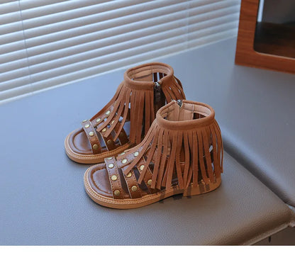 England Style Fashion Tassel Sandals Summer New Side Zipper Rivet High-top Sandals Student Beige Brown Roman Shoes Fringe I05235