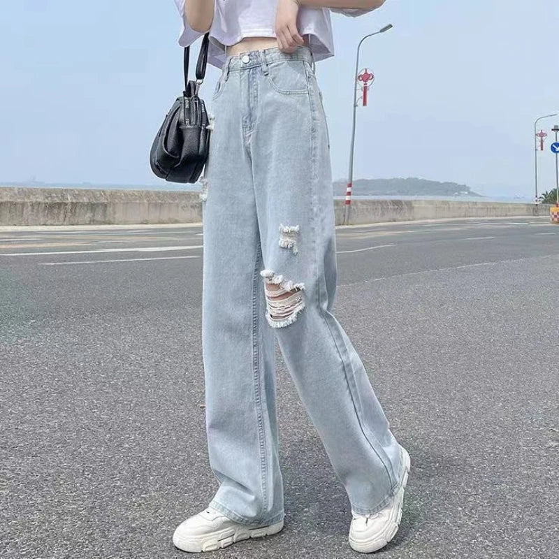 Calça Jeans Feminina Cintura Alta Primavera Verão Fina Reta Solta 2022 Nova Moda Casual Fina Perna Larga