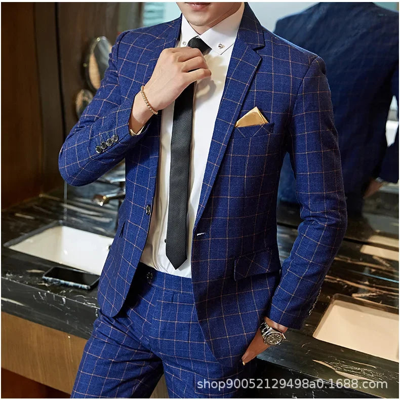 Men's Slim Fit Plaid Wedding Suit Jacket Korean Style Business Casual Single-breasted Suit with Set Wedding Groomsmen Wear