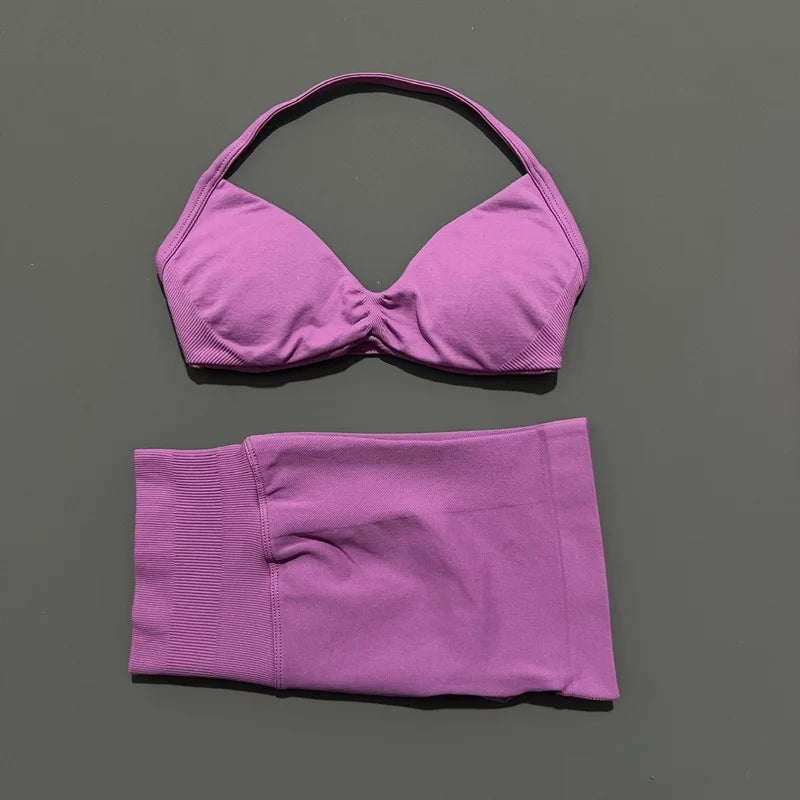 No Logo 2 Piece Impacts Gym Set Women Seamless Yoga Strappy Bra Workout Scrunch Sports Low Waist Shorts Sport Set