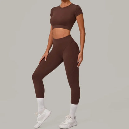 Gym Workout Yoga Fitness Sports Suit Short-sleeved Top Padded-free High-waisted Hip-lifting Trousers Outdoors Leisure Sportswear