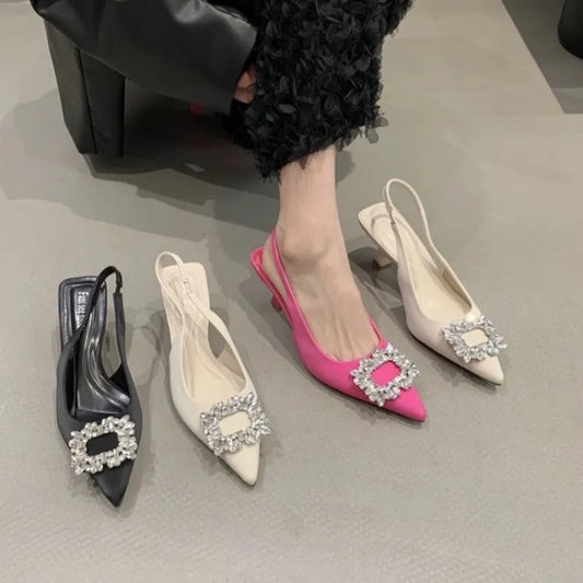 Women Sandals Summer Pointed Toe Slingback Mules Shoes Woman Fashion Rhinestone Ladies High Heels Sexy Pumps Party Dress Shoes