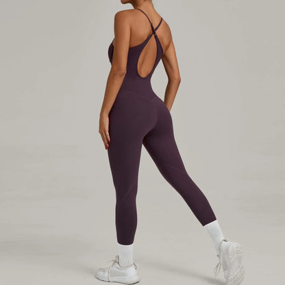 Women Sports Fitness Jumpsuit Cross Open Back Adjustable Shoulder Strap Hip Lift Tight Slim Fit Yoga Set Gym Running Sports Kit