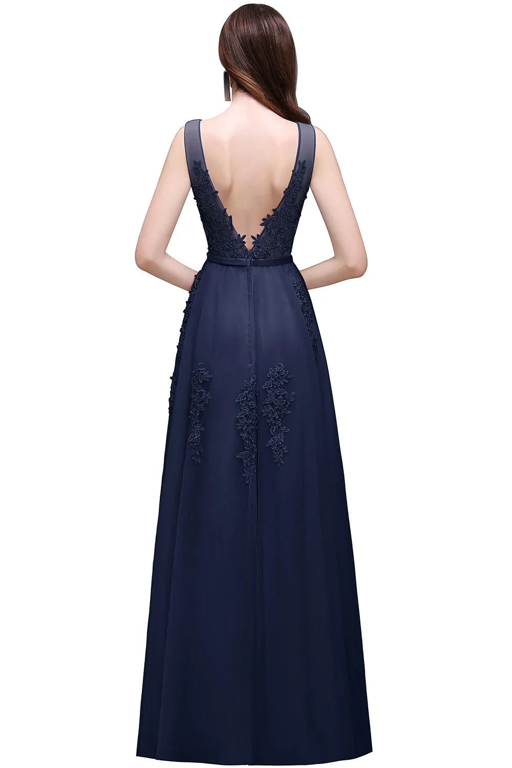 A-line V-neck Tulle Sleeveless Zipper Up Long Prom Applique V Neck Evening Gowns Formal Elegant And Pretty Women's Dresses