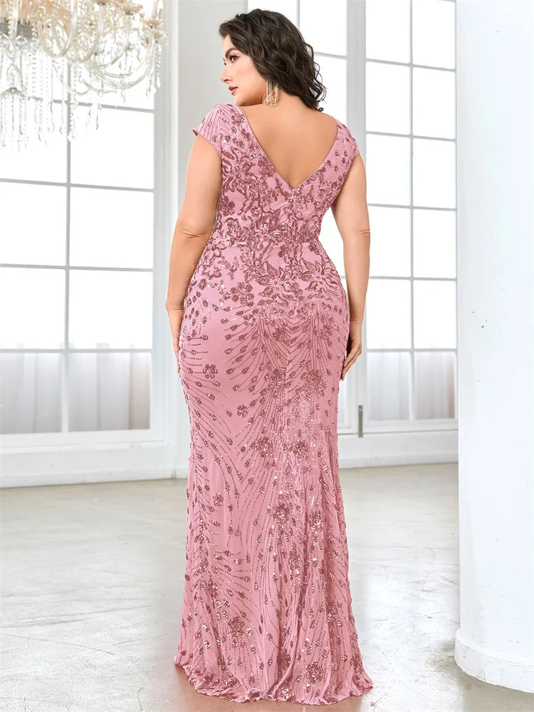 Vestidos de Noite Elegantes Rosa Plus Size com Decote em V e Lantejoulas até o Chão, com Manga Curta, para Madrinhas, Festas e Coquetéis