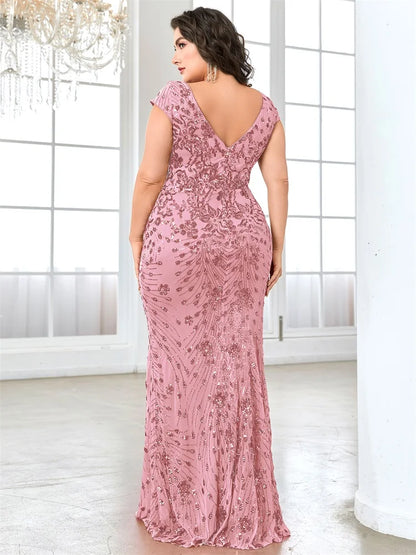 Vestidos de Noite Elegantes Rosa Plus Size com Decote em V e Lantejoulas até o Chão, com Manga Curta, para Madrinhas, Festas e Coquetéis