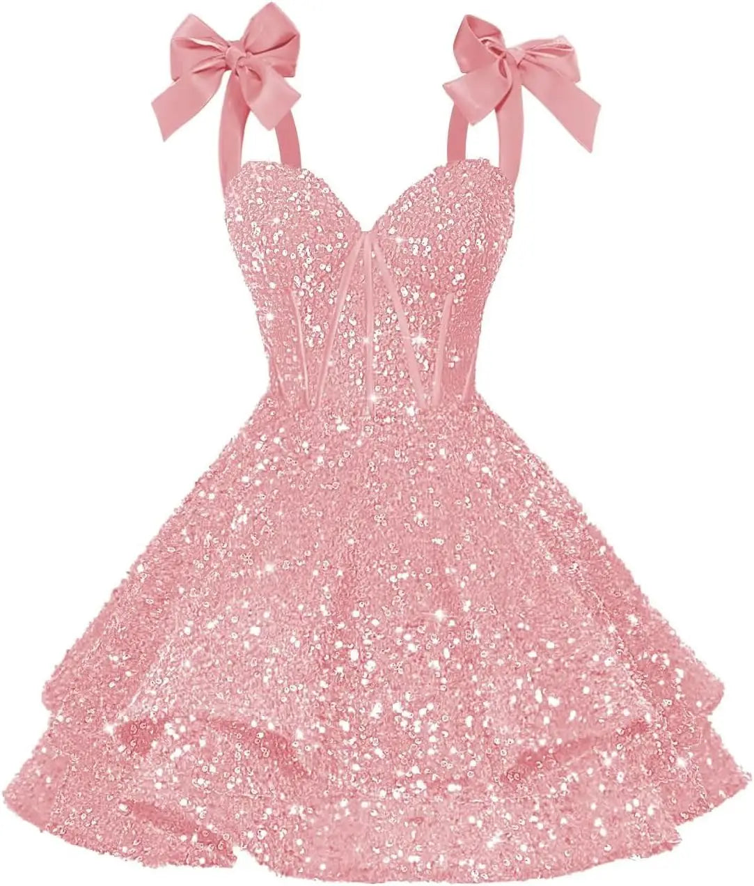 Sparkly Sequin Bows Homecoming Dresses 2026 Short Spaghetti Straps Tiered Satin Sweet Prom Cocktail Dress Graduation Dress