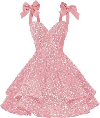 Sparkly Sequin Bows Homecoming Dresses 2026 Short Spaghetti Straps Tiered Satin Sweet Prom Cocktail Dress Graduation Dress