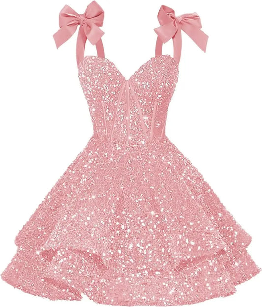 Sparkly Sequin Bows Homecoming Dresses 2026 Short Spaghetti Straps Tiered Satin Sweet Prom Cocktail Dress Graduation Dress
