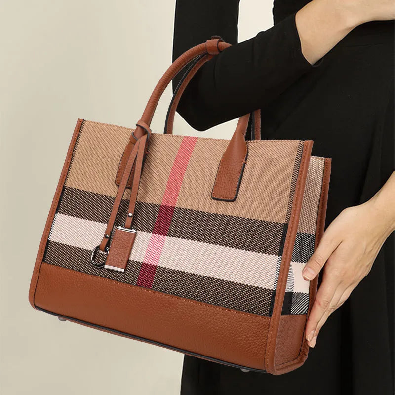 Fashion Plaid Canvas Women's Handbag Classic Versatile Large Capacity Cowhide Single Shoulder Crossbody Bag