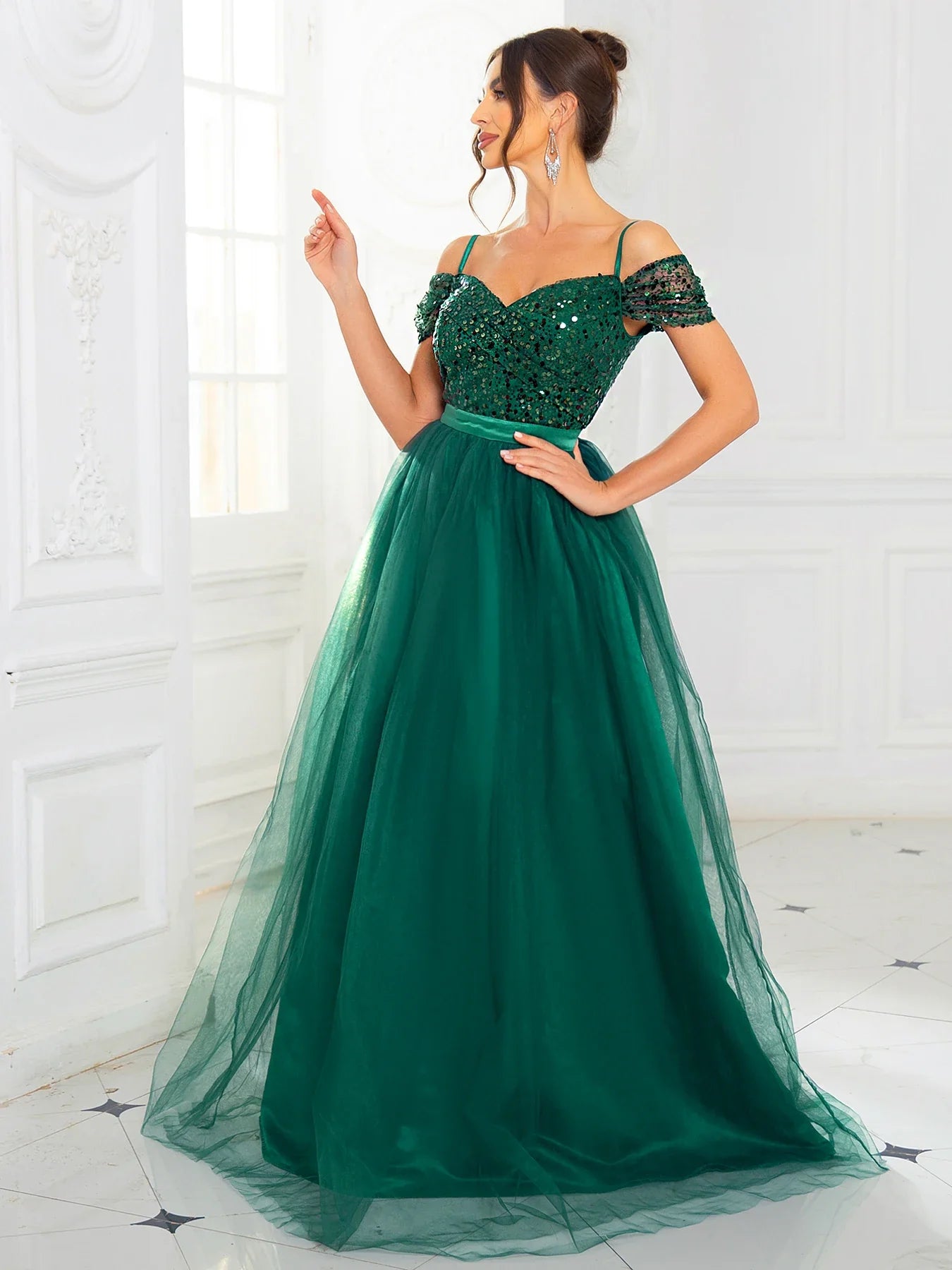 A Line Prom Evening Gown Off the Shoulder Backless Lace Up Sequin Patchwork Mesh Skirt Maxi Dresses for Women
