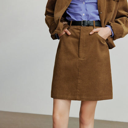 Women Midi Skirt 2025 Autumn New Retro Corduroy Elastic Waist Pure Cotton A Line Mini Skirt