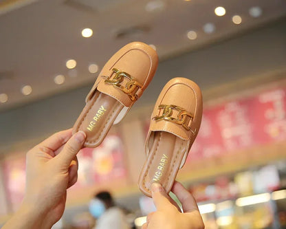 Children Sandals for Girls 2024 Summer New Girls Covered Toes Flat Leather Slippers Casual Lazy Metal Korean Kids Fashion Flats