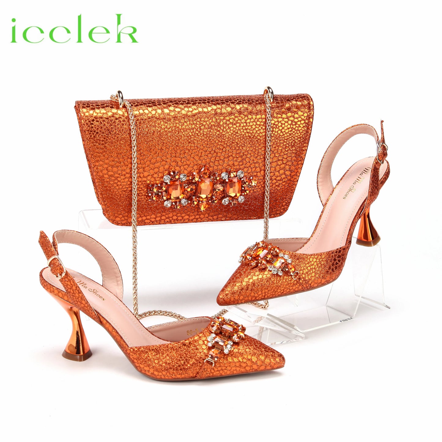 Spot Goods Italian Fashion Women Heels Elegant Orange Color Block Design Brown Shoes And Bag Full Rhinestone Party Bag