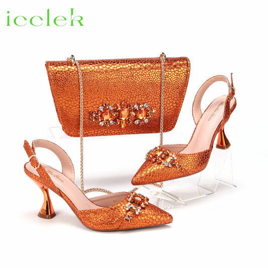 Spot Goods Italian Fashion Women Heels Elegant Orange Color Block Design Brown Shoes And Bag Full Rhinestone Party Bag