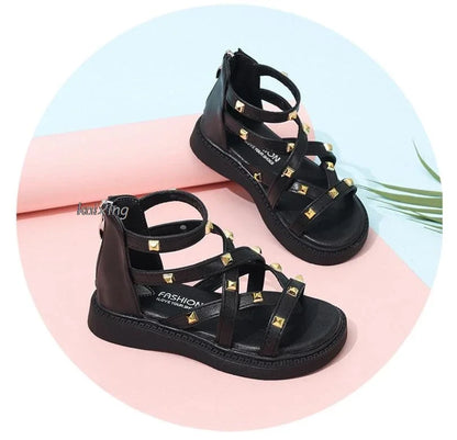Summer New Kids Sandals Girls Princess Rivet Sandals Soft Children Beach Shoes Fashion Roman Sandals Size 21-36 Versatile