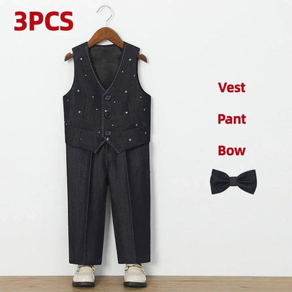 Autumn Children Boys Wedding Suit Star Printed Blazer Vest Pant 3/4/5Pcs Suit Outfit Set Formal Elagant Suit For Boys 1-10 Years