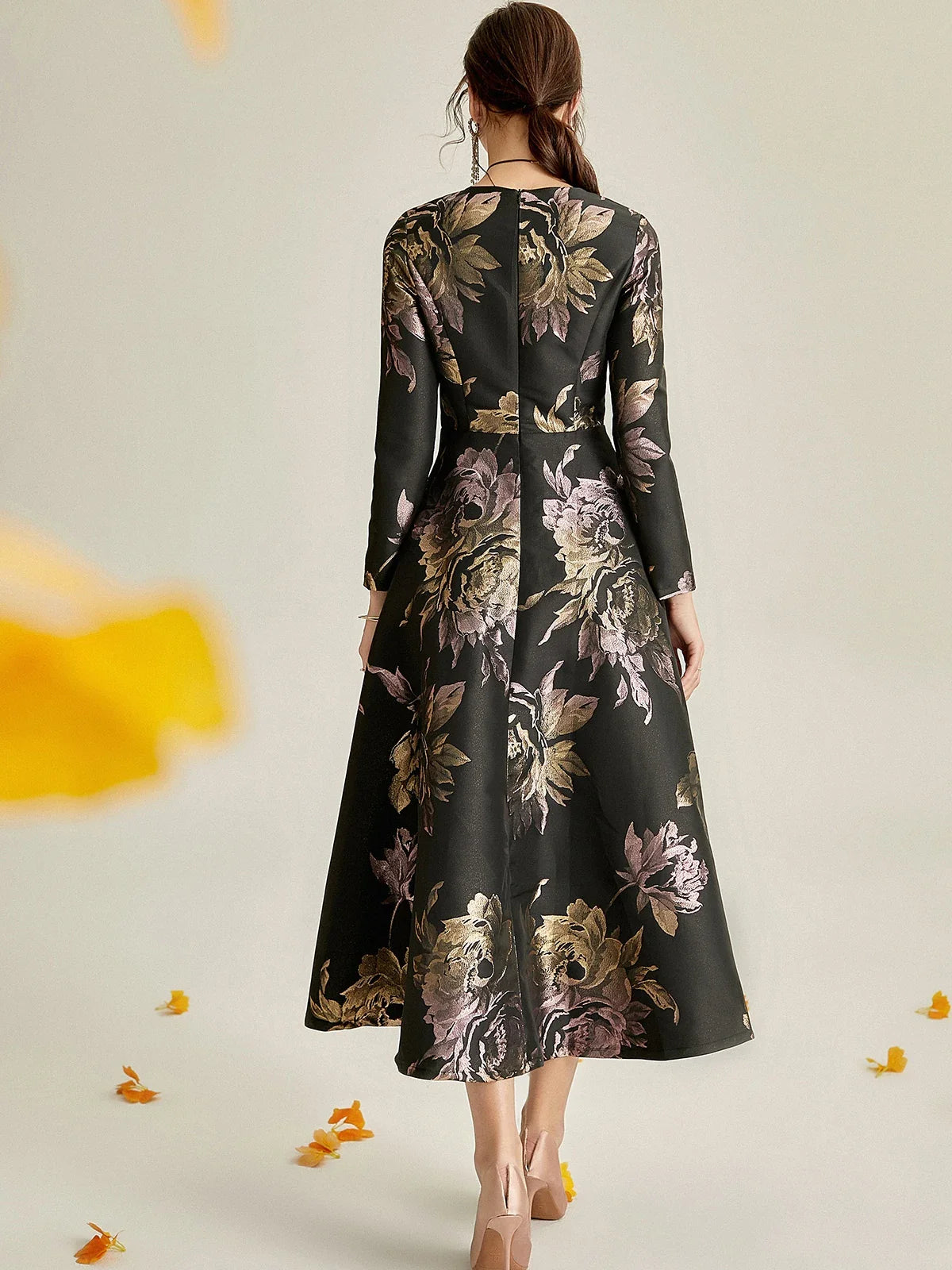 Luxury Women Long Maxi Jacquard Dress Spring Autumn Boho Floral Fashion Clothing Ladies Party Evening Ball Gown