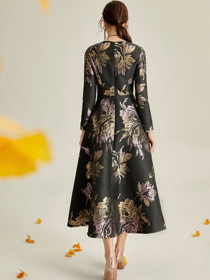 Luxury Women Long Maxi Jacquard Dress Spring Autumn Boho Floral Fashion Clothing Ladies Party Evening Ball Gown