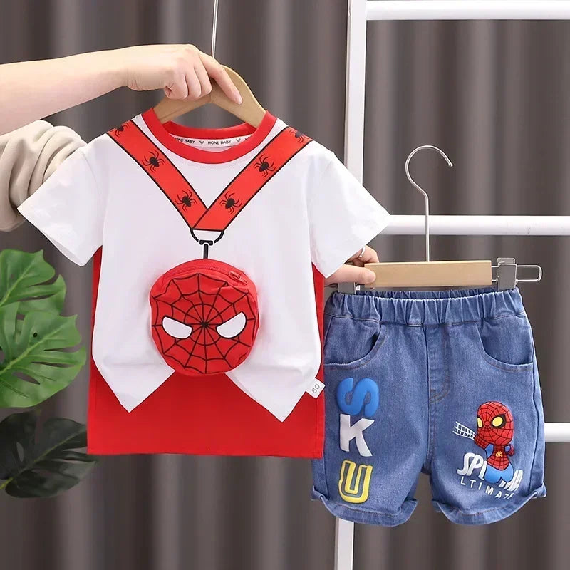 2025 Summer Baby Boys Spiderman Short Sleeve T-shirt+Jeans Sets Clothes Kids Fashion Clothing Outfits Children Sports Suits